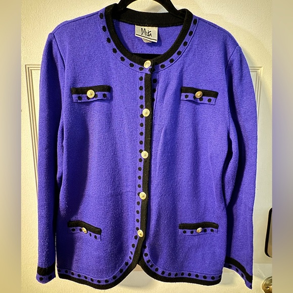 Vintage Mita Knit Purple Black Silver Button Cardigan Regal Preppy Chic Office - Picture 1 of 16